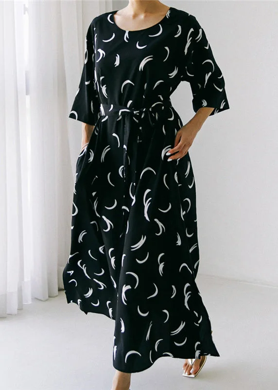 Hurry In oversized dressBlack O-Neck Bow Tie Waist Silk Maxi Dress Long Sleev