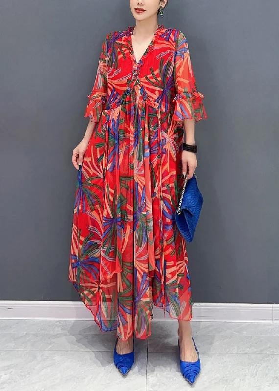 Hurry In oversized dressStyle Red V Neck Drawstring Vacation Chiffon Maxi Dresses Summer