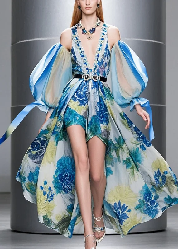 Fantastic Deals wrap-around dressOriginal Design Cold Shoulder Print Chiffon Party Dress Puff Sleeve