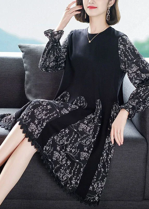 lace-up dressCasual Black Oversized Patchwork Print Chiffon Robe Dresses Spring