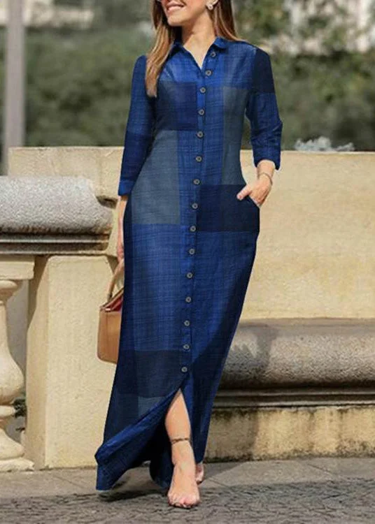 Special Discount one-shoulder dressPlus Size Blue Peter Pan Collar Plaid Button Maxi Shirt Dresses Spring