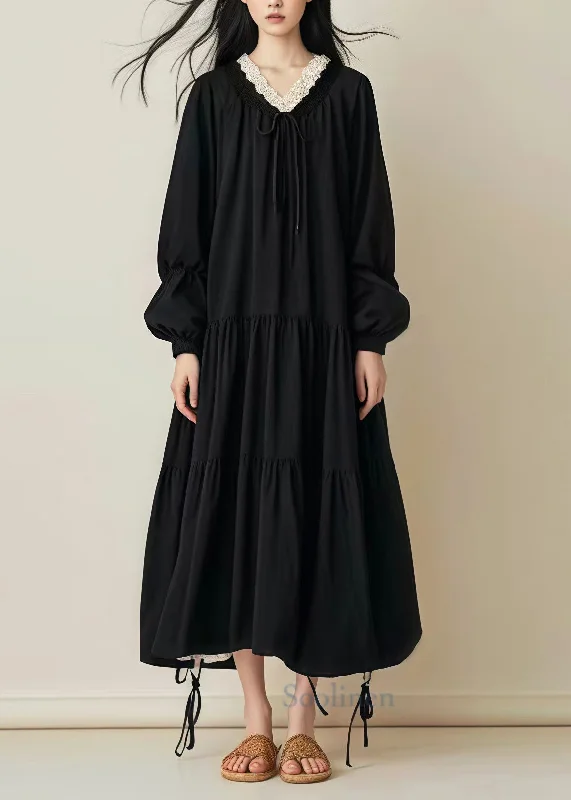 Crazy Deals textured dressWomen Black Oversized Drawstring Cotton Long Dress Spring