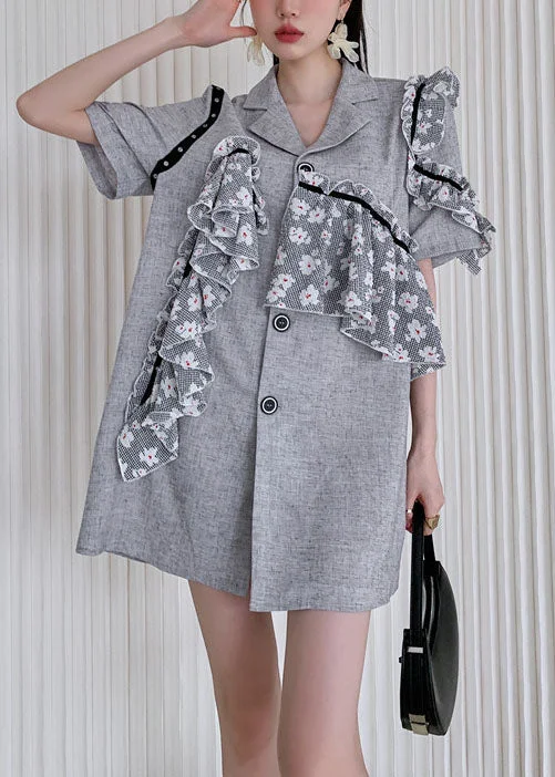 v-neck dressSimple Grey Notched Ruffled Patchwork Cotton Day Dress Summer