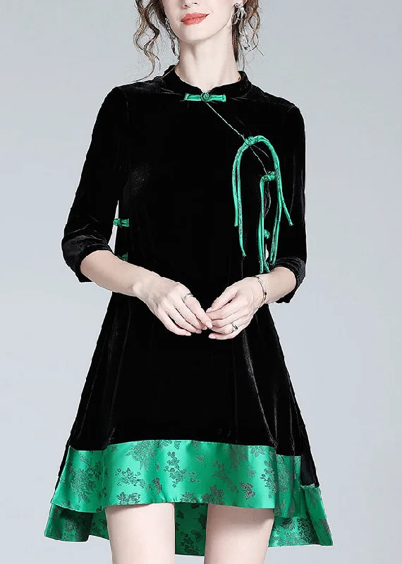 Crazy Deals elegant evening dressSexy Black Stand Collar Print Low High Design Silk Velour Maxi Dresses Long Sleeve