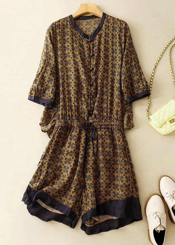Grand Opening Sale Loose Yellow Print Drawstring Linen Jumpsuits Summer AM1050