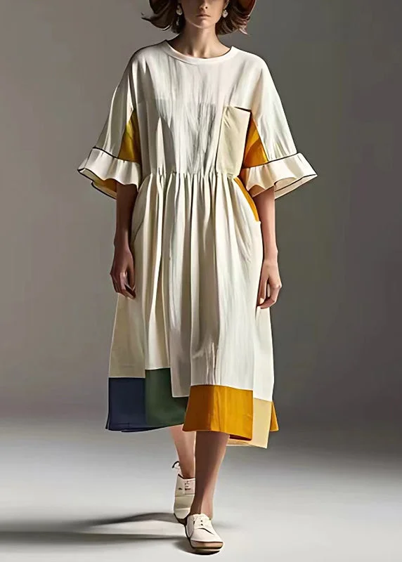Crazy Deals elegant evening dressWomen White Cinched Patchwork Cotton Vacation Dresses Summer