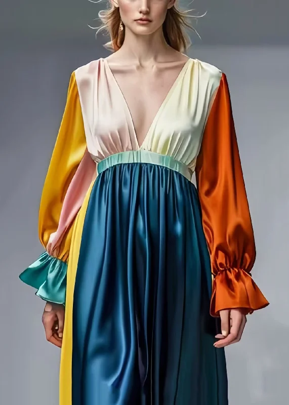 casual dressFrench Colorblock Deep-V Neck Patchwork Draping Silk Dress Spring