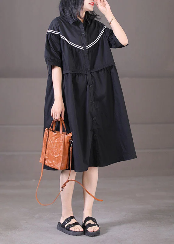 lace dressFrench Black Peter Pan Collar Patchwork Drawstring Cotton Shirt Dress Summer