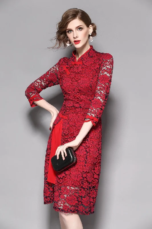 silk dressLace Overlay Qipao Dress