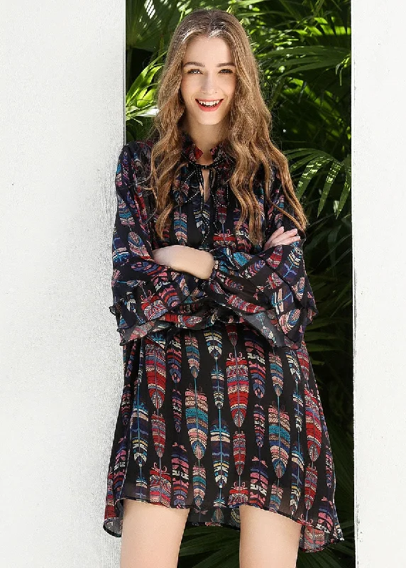 modern dressWomen Black Stand Collar Lace Up Print Chiffon Dress Butterfly Sleeve