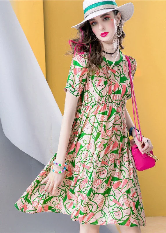 party-ready dressChic Green O Neck Print Patchwork Silk A Line Dresses Summer