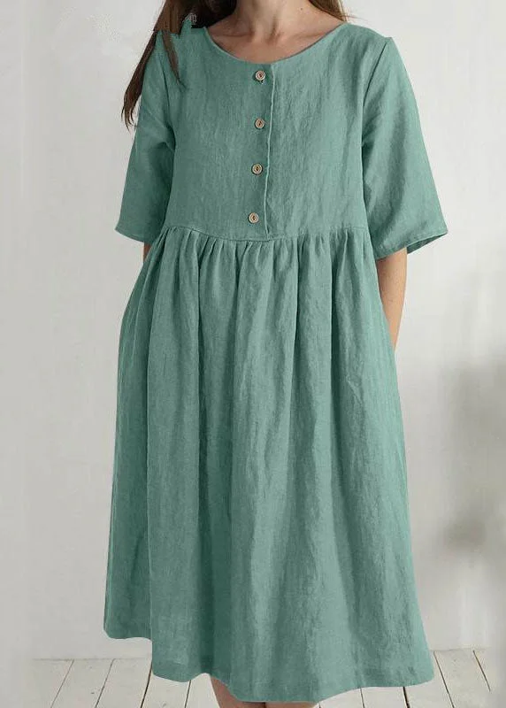 sleeveless dressWomen Green O Neck Pockets Wrinkled Patchwork Linen Dress Summer