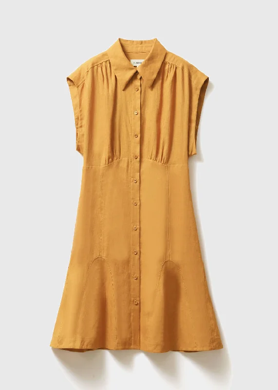 ruffle dressArt Solid Yellow Peter Pan Collar Patchwork Wrinkled Linen Maxi Dresses Sleeveless