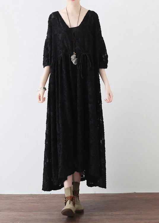 The Best Prices mini dressBlack V Neck Tie Waist Chiffon Maxi Dresses Long Sleeve