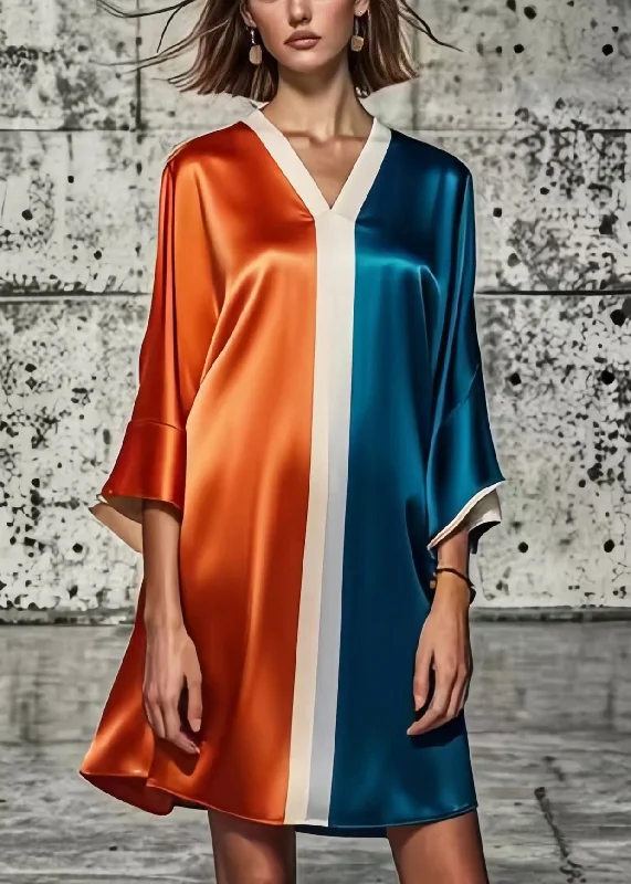 sleeveless dressLoose Colorblock V Neck Patchwork Silk Mini Dresses Summer