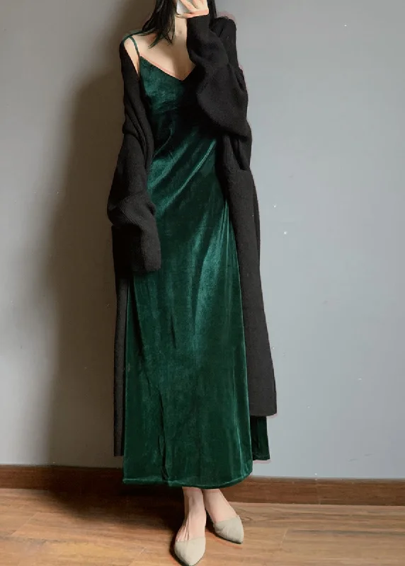 pleated maxi dressElegant Green V Neck Velvet Spaghetti Strap Dress Spring