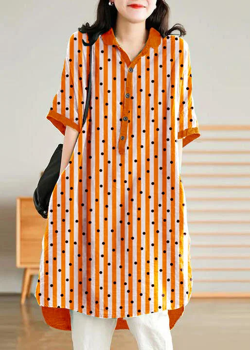 spaghetti strap dressJade orange stripes polka dots Linen Women Casual Linen Shirt Dress