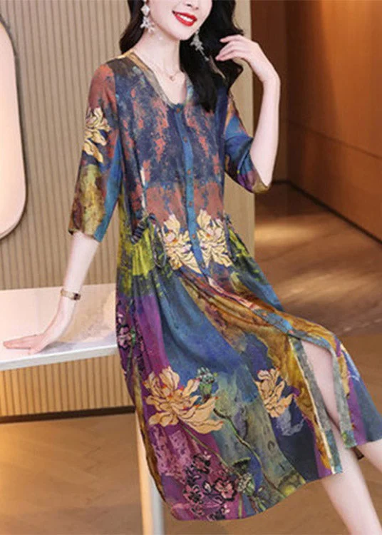 Big Discounts party dressBoho V Neck Print Cinched Button Dresses Half Sleeve