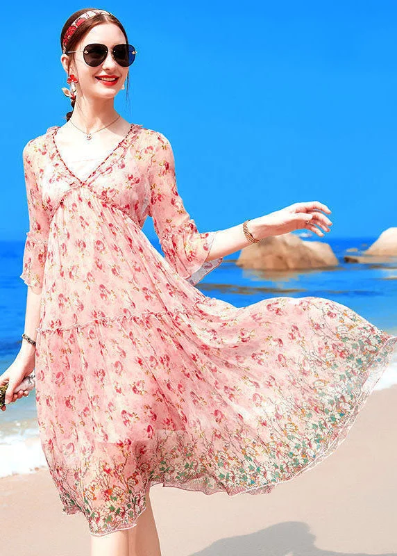 casual dressBoutique Pink V Neck Ruffled Print Silk Beach Dresses Half Sleeve