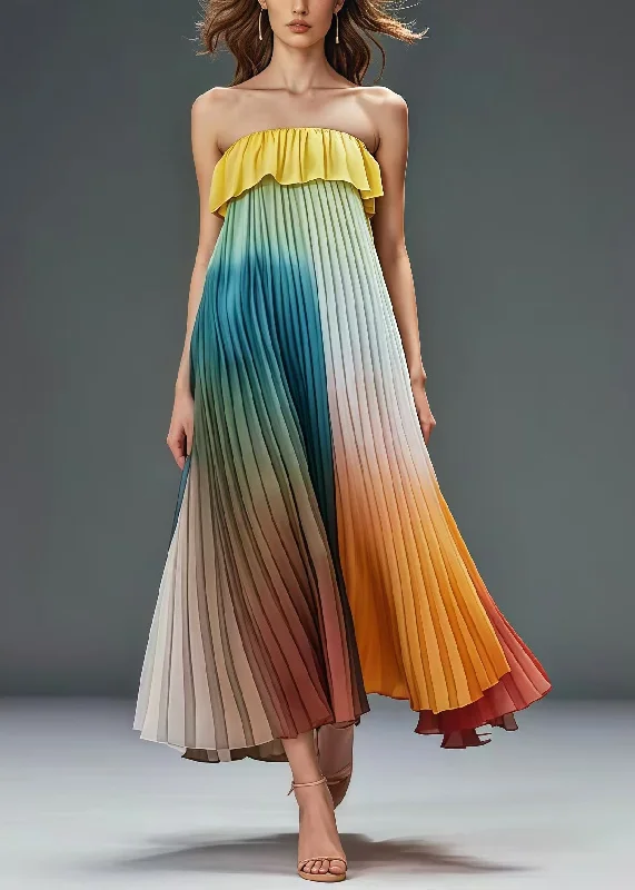 summer floral dressUnique Gradient Color Ruffles Cold Shoulder Chiffon Pleated Dress Summer