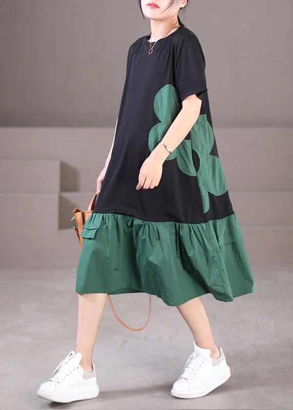 Today’s Deal trendy mini dressHandmade Black Green O-Neck Wrinkled Cotton Long Dresses Short Sleeve