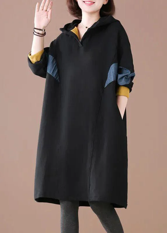 casual evening dressPlus Size Black Hooded Patchwork Warm Fleece Loose Sweatshirt Dress Winter