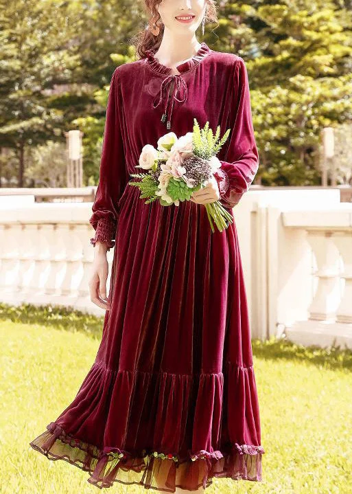 Special Offer winter dressPlus Size Mulberry Cinched Patchwork Silk Velour Dresses Spring