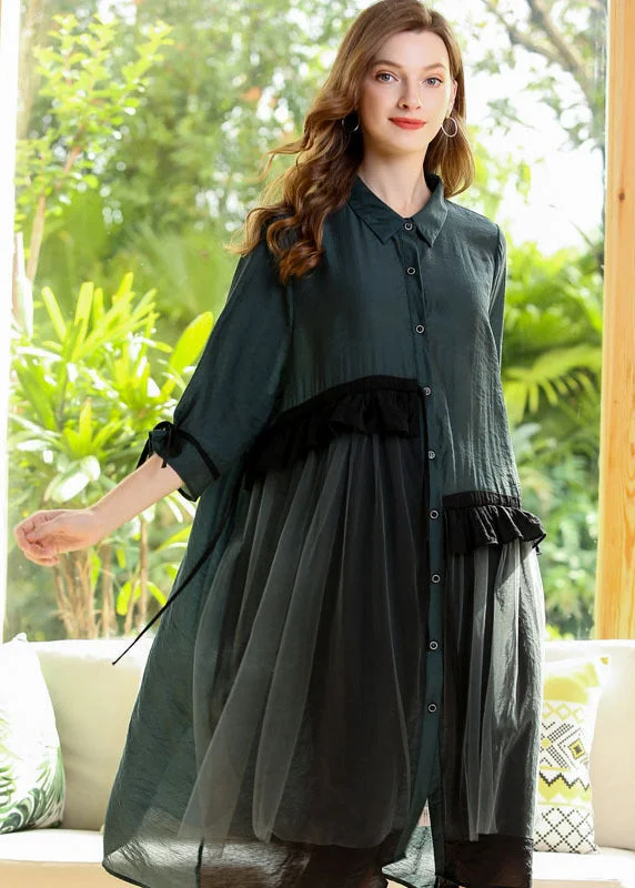 boho dressItalian Green Oversized Patchwork Ruffles Cotton Dress Half Sleeve