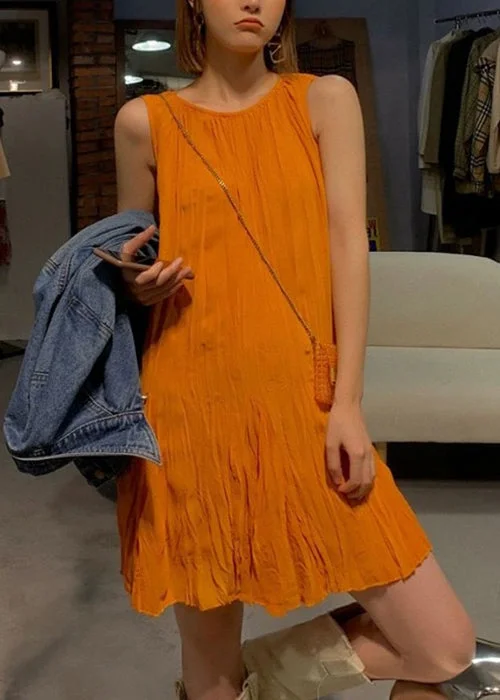 Today’s Deal party dressNew Orange O Neck Solid Cotton Mid Dress Sleeveless