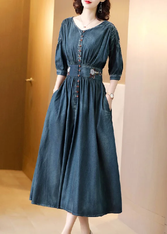 Value Deals sleek dressBoho Blue O-Neck Wrinkled Tunic Cotton Denim Maxi Dress Long Sleeve