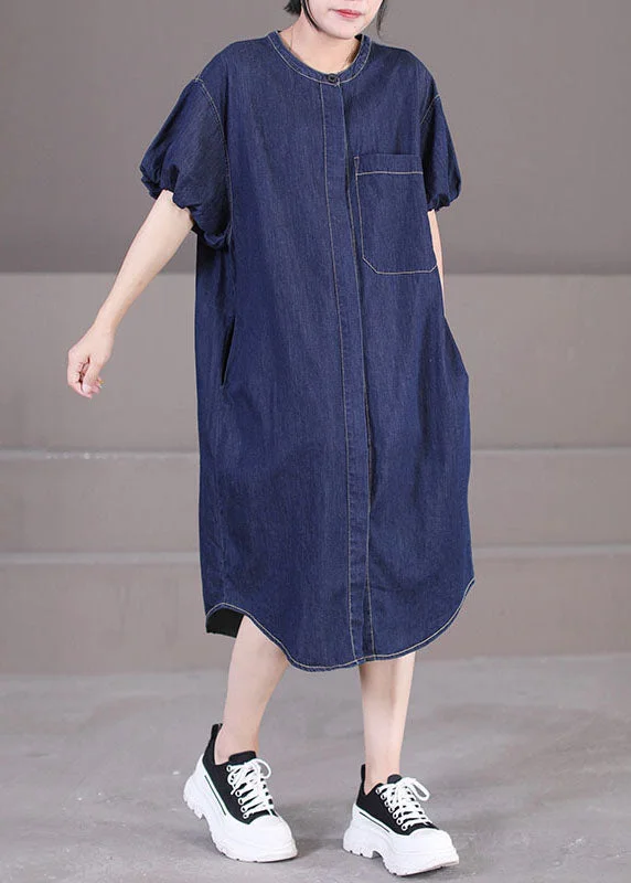 Unbeatable Prices sophisticated dressArt Denim Blue O-Neck Patchwork Cotton Shirt Dresses Lantern Sleeve