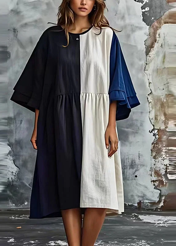 casual dressStylish Colorblock Oversized Patchwork Cotton Dress Batwing Sleeve