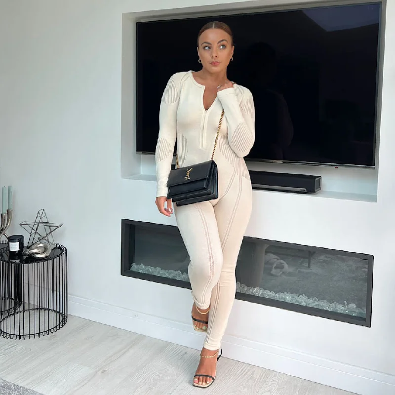 Best Bargains ASCENSION Beige Contour Knit Jumpsuit