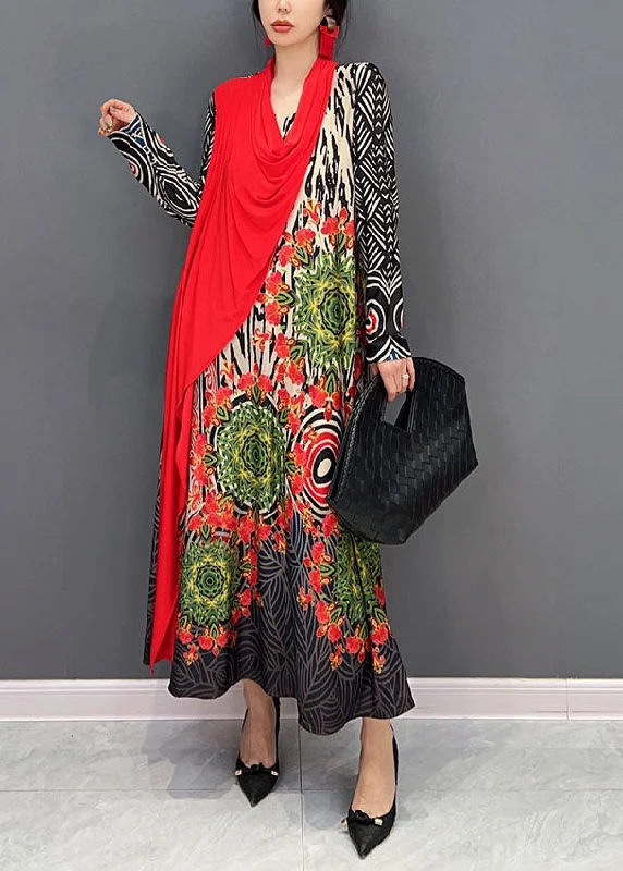 Super Sale office dressBoho Red Asymmetrical Patchwork Print Maxi Dress Spring