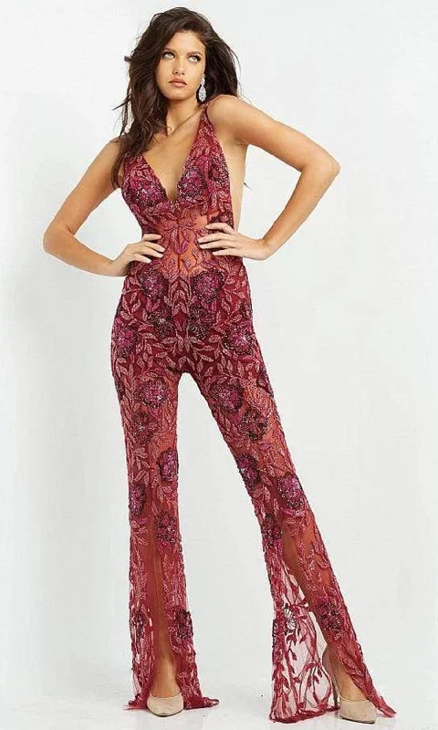 Can't Miss Jovani - 04402 V Neck See Through Beaded Jumpsuit