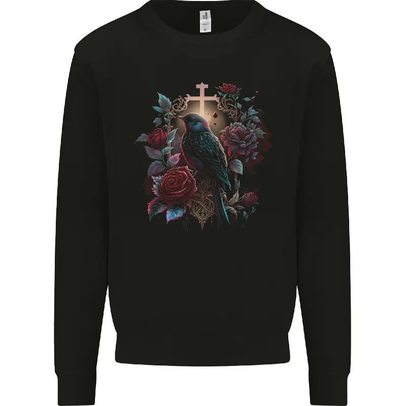 breathable gym hoodieA Gothic Bird and Cross in Roses Gothic Mens Sweatshirt Jumper