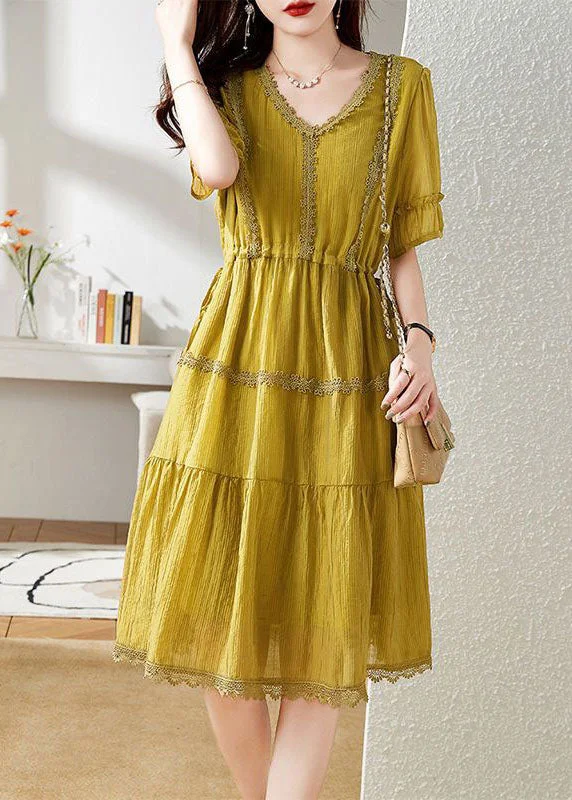 fitted cocktail dressUnique Yellow V Neck Lace Patchwork Chiffon Dress Summer