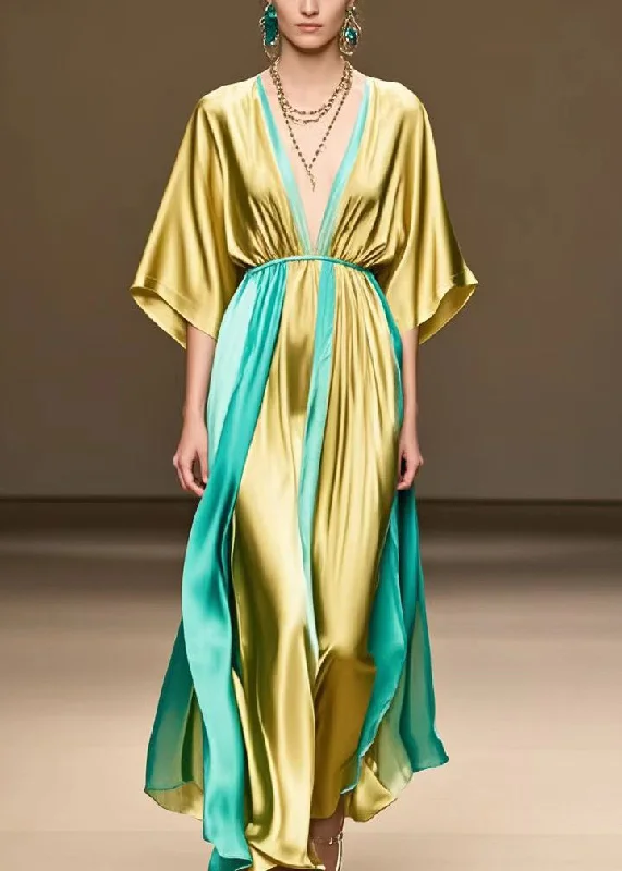 Super Savings wrap dressCasual Golden V Neck Patchwork Silk Ankle Dress Summer