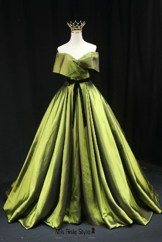 Value Deals draped dressBall Gown Off Shoulder Sleeve Green Prom Dress