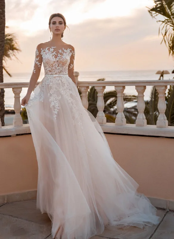 Price Slash flowy evening dressLong Sleeve Sheer Lace Blush Wedding Dress