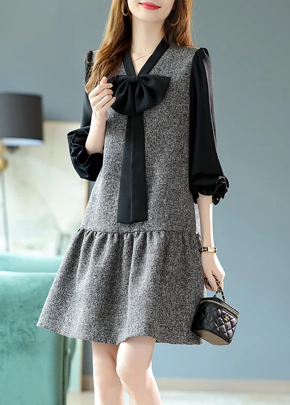 party-ready dressFrench Grey V Neck Bow Patchwork Wrinkled Mid Dresses Long Sleeve