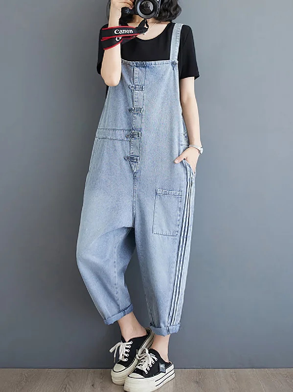 Loyalty Reward Women Summer Casual Solid Denim Shirred Jumpsuits AT1032