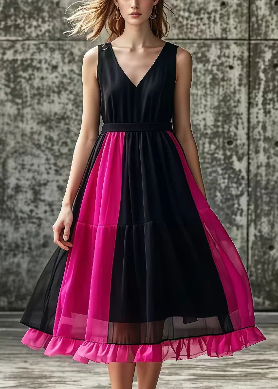 Early Bird Discount sleek midi dressBoutique Black V Neck Tulle Patchwork Cotton Holiday Dresses Summer