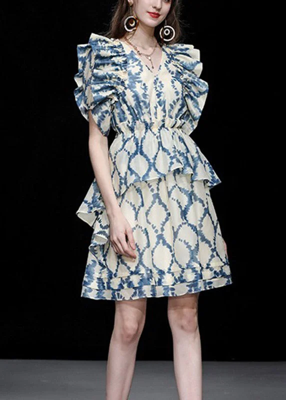 Season Finale Sale high-waisted dressFashion Blue V Neck Print Ruffled Patchwork Organza Mid Dress Summer Season Finale Sale high-waisted dressFashion Blue V Neck Print Ruffled Patchwork Organza Mid Dress Summer