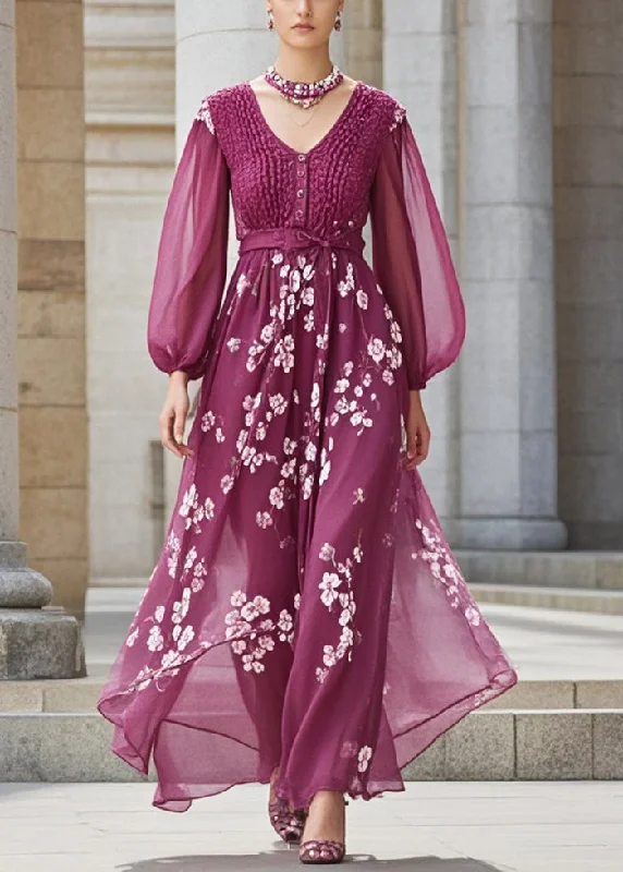 Online Only summer floral dressBoutique Purple Cinched Print Chiffon Long Dress Fall