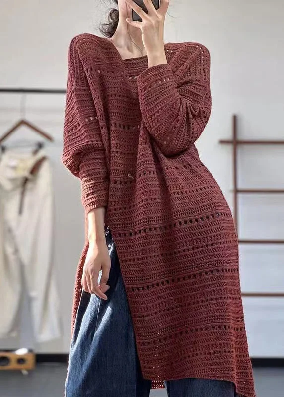 luxury dressNew Red O Neck Hollow Out Side Open Knit Dress Spring