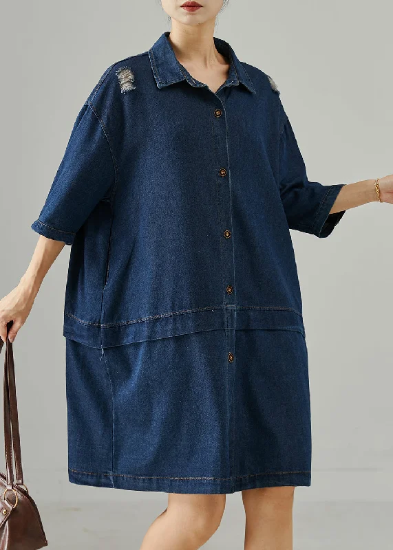 sophisticated dressCasual Navy Oversized Patchwork Denim Ripped Dresses Summer