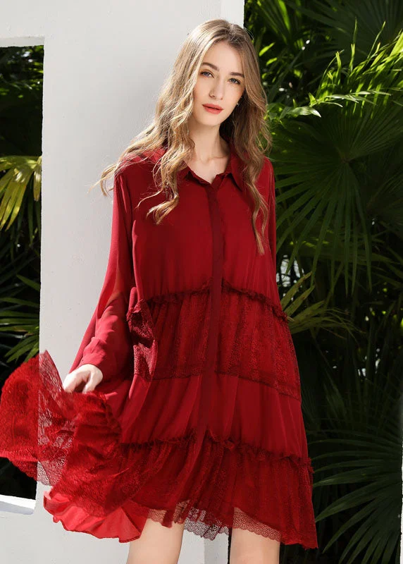 trendy wrap dressRed Patchwork Lace Chiffon Shirt Dress Ruffled Exra Large Hem Spring