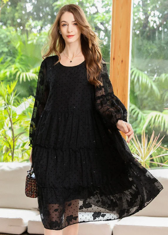Special Price casual dressFrench Black Embroideried Ruffled Hollow Out Chiffon Dresses Spring