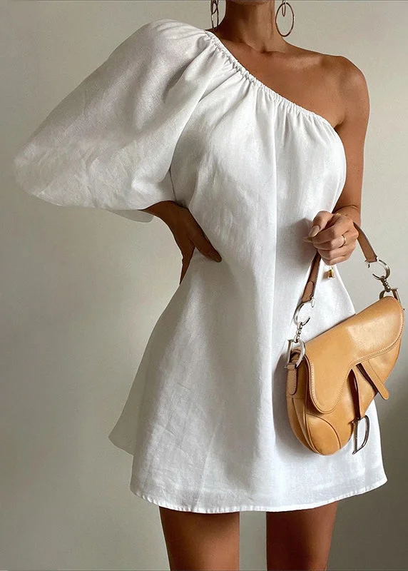 Bargain Prices chic slip dressFrench White Asymmetrical Solid Cotton Mid Dress Bracelet Sleeve